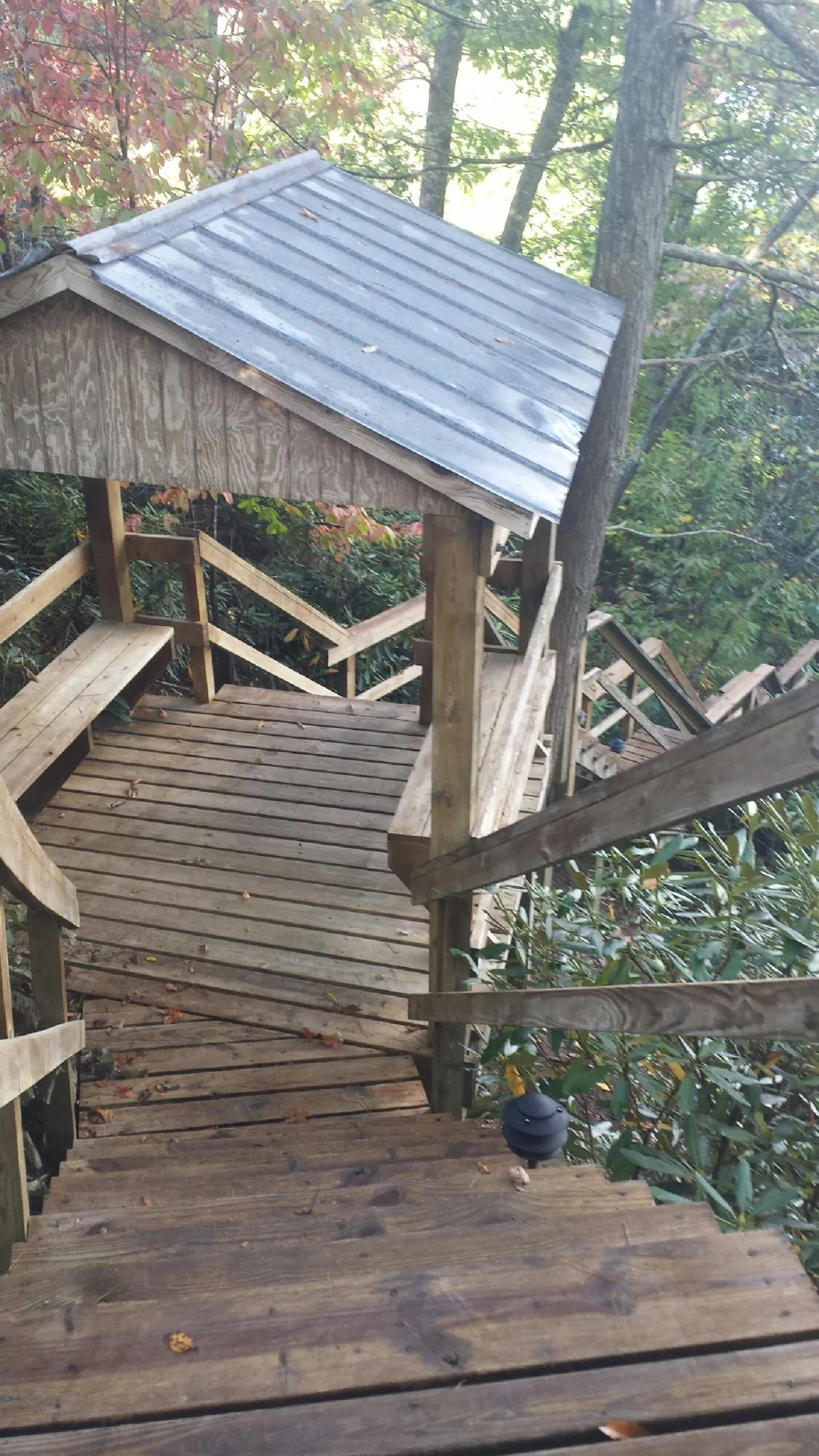 Metal roofed shelter over wooden steps on a wooded walkway — Skylight Repair & Installation work by our crew in Coral